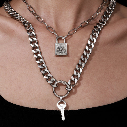 Vintage Punk Geometric Round Key Lock Pendant Handmade Iron Double Layer Cuban Link Cable Chain Necklace for Women