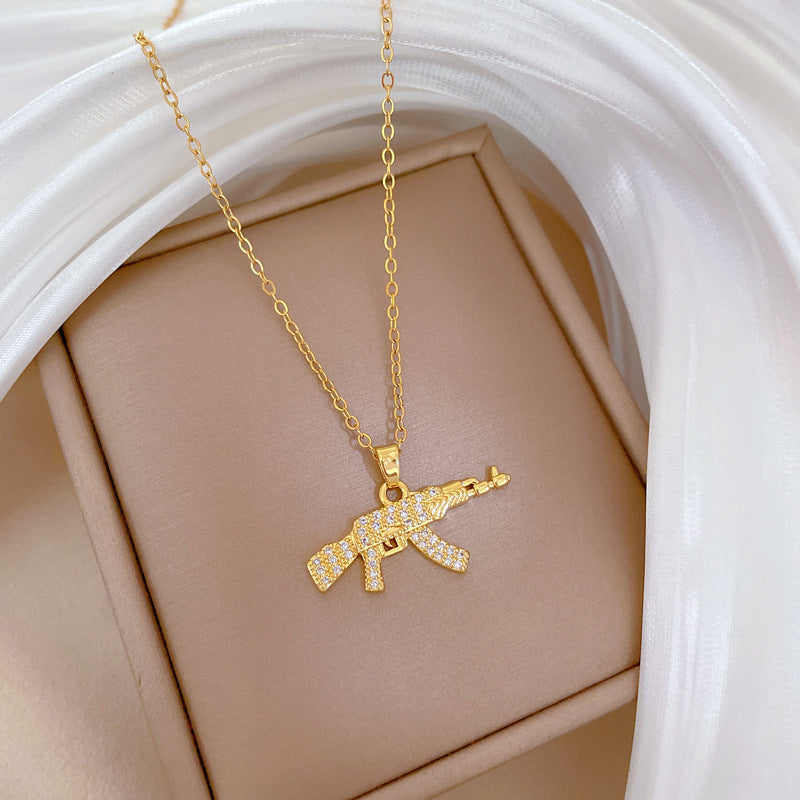 Minimalist Geometric AK Assault Rifle Pendant Necklace for Women and Men with Full Rhinestone Inlay on Titanium Steel Chain