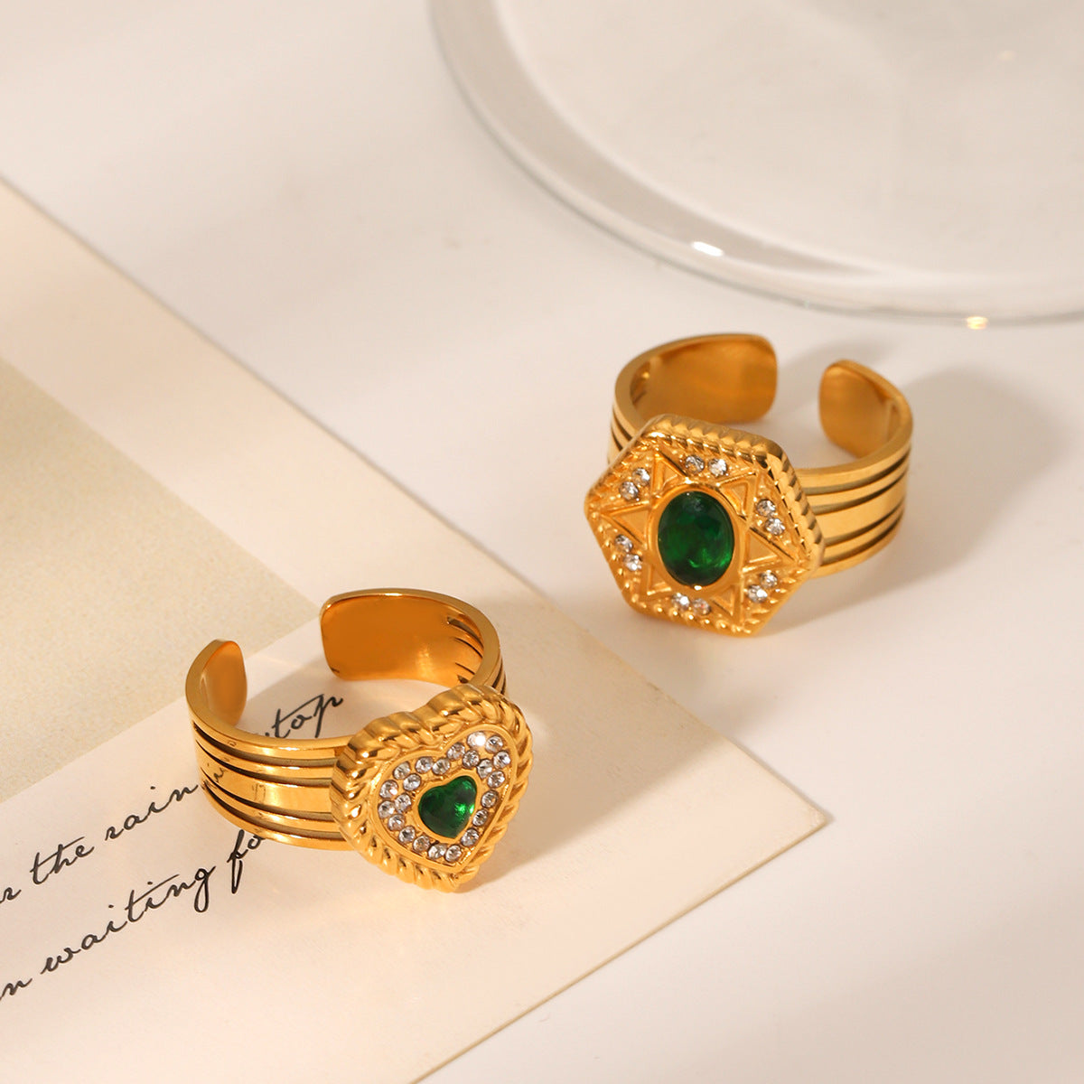 Anello Aperto a Cuore Esagramma Minimalista in Acciaio Inossidabile con Intarsio di Zirconi da Donna