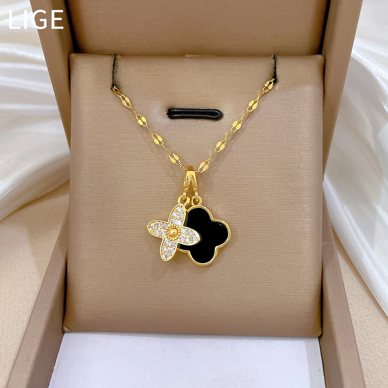 Luxury Double-Layer Floral Necklace for Women with Titanium Steel Chain and Moon Pendant