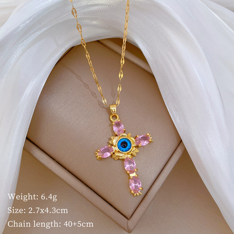 Minimalist Cross Pendant Necklace with Rhinestone Inlay in Titanium Steel for Women and Men, Delicate Clavicle Chain with Geometric Design