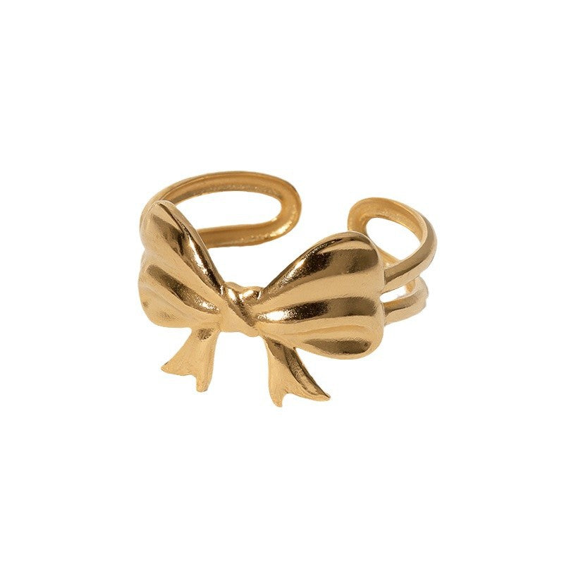 Minimalist Fashion Bow-Shaped Stainless Steel Ring for Women with Gold Plating, Adjustable Open Band Design