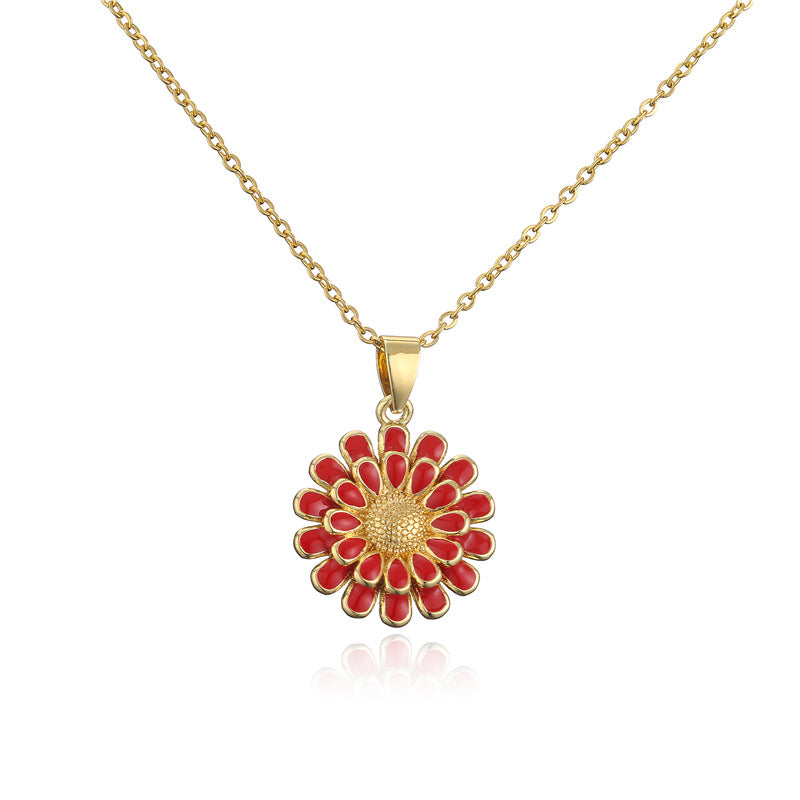 18K Gold Plated Brass Drip Oil Geometric Sunflower Pendant Box Chain Necklace
