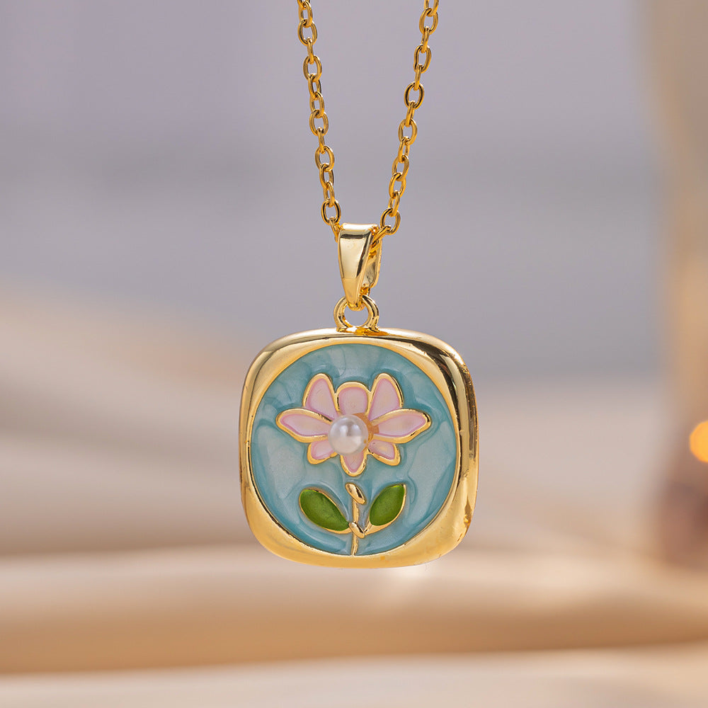 Baroque Style Leaf-Shaped Titanium Steel Necklace with Tulip Floral Motif, Vacuum-Plated for Hypoallergenic Wear, O-Chain Design
