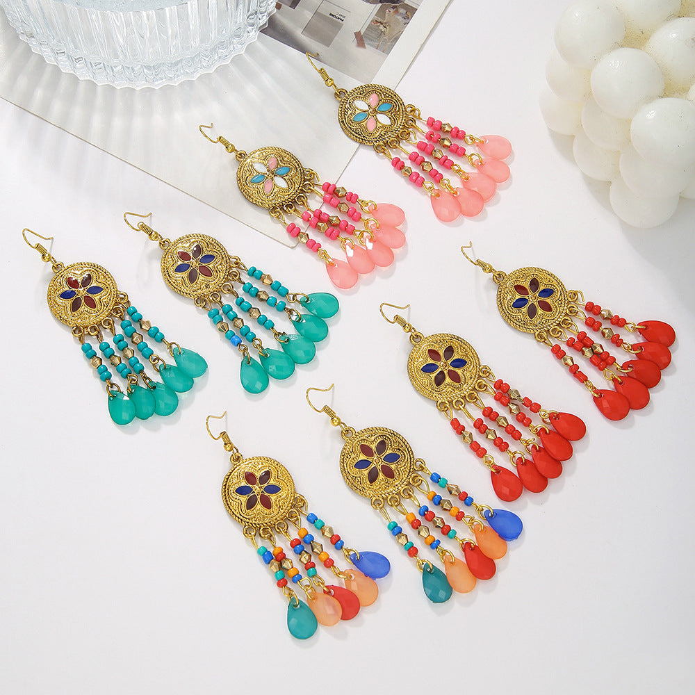 Bohemian Ethnic Geometric Round Drip Oil Plated Alloy Tassel Earrings for Women