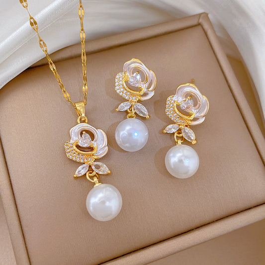 Sweet Elegant Floral Moon Rhinestone Plated Titanium Steel Necklace Set for Unisex