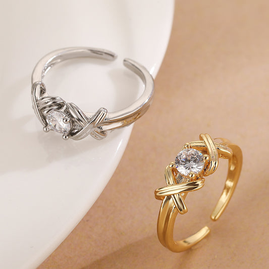 Minimalist Geometric Adjustable Copper Ring with Genuine Gold Plating and Zircon Inlay for Women