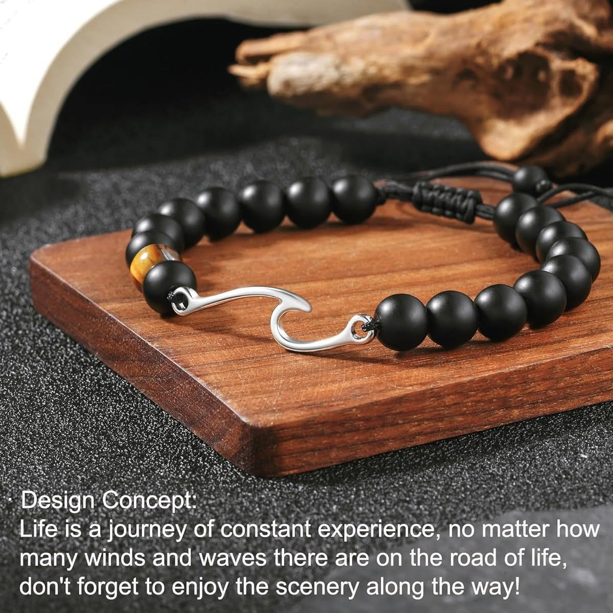 Natural Polished 8mm Black Agate Tiger Eye Beaded Bracelet Unisex Handmade Woven Strand