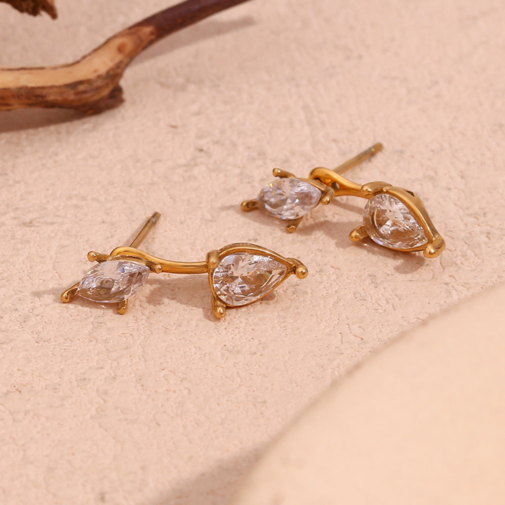 Orecchini da donna minimalisti in acciaio inossidabile a forma di goccia con placcatura in oro 18 carati e zirconi a navette