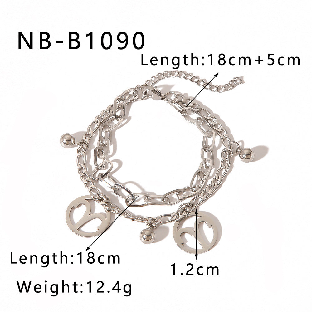 INS Style Zodiac Bracelet with Double Layer Cuban Link Chain Stainless Steel Pendant and 18K Vacuum Plated Finish