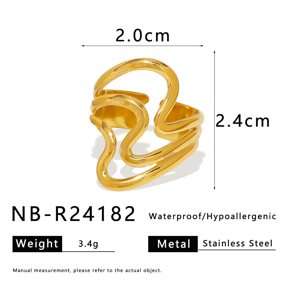 Minimalist 18K Gold Plated Stainless Steel Wavy Open Ring Asymmetric Geometric Design Unisex