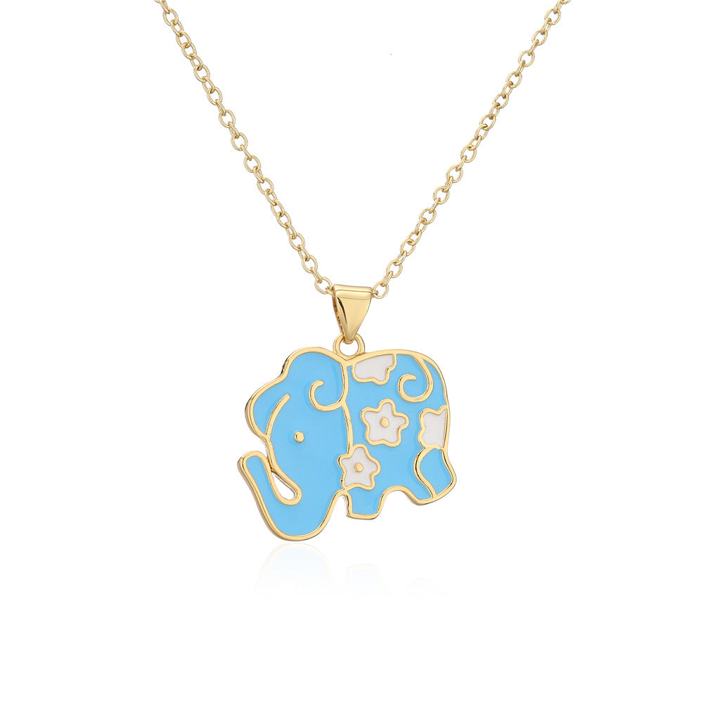 Cute Elephant Drip Oil Geometric Brass 18K Gold Plated Necklace with Cubic Zirconia Cable Chain