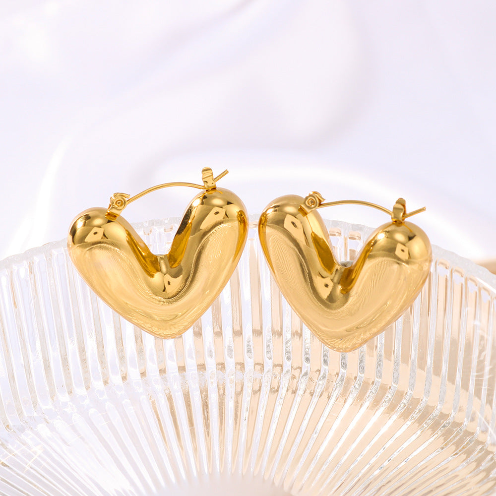 Minimalist Hollow Heart-Shaped Stainless Steel Earrings with 18K Gold Plating for Women