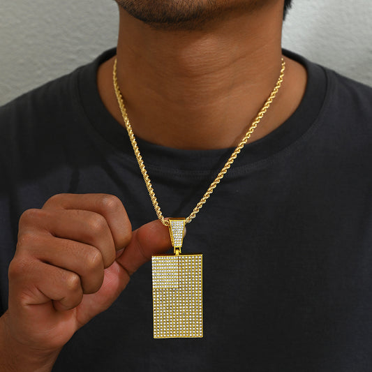 Hip Hop Style Square Pendant Necklace in Zinc Alloy with Rhinestone Inlay on Cuban Chain for Women