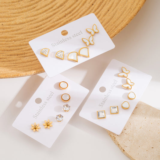 Minimalist Butterfly-Shaped Stainless Steel Earrings with Shell and Rhinestone Inlay for Women