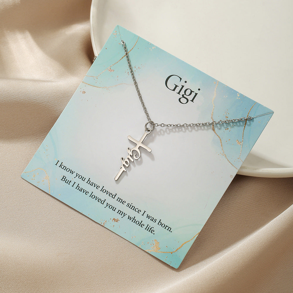 Sweet Streetwear Geometric Letter Cross Titanium Steel Necklace with Stainless Steel Pendant on Cable Chain for Women