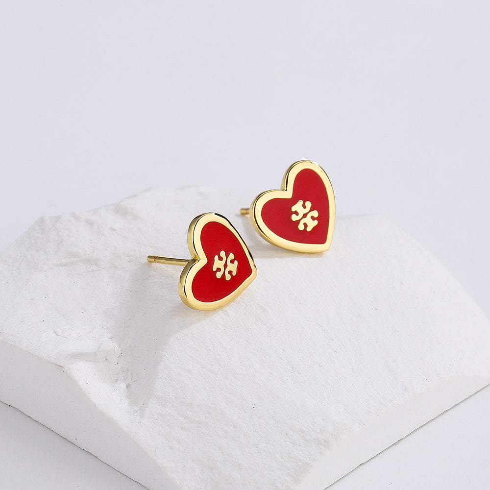 Vintage Ins Style 18K Gold Plated Enamel Heart Geometric Copper Stud Earrings for Women