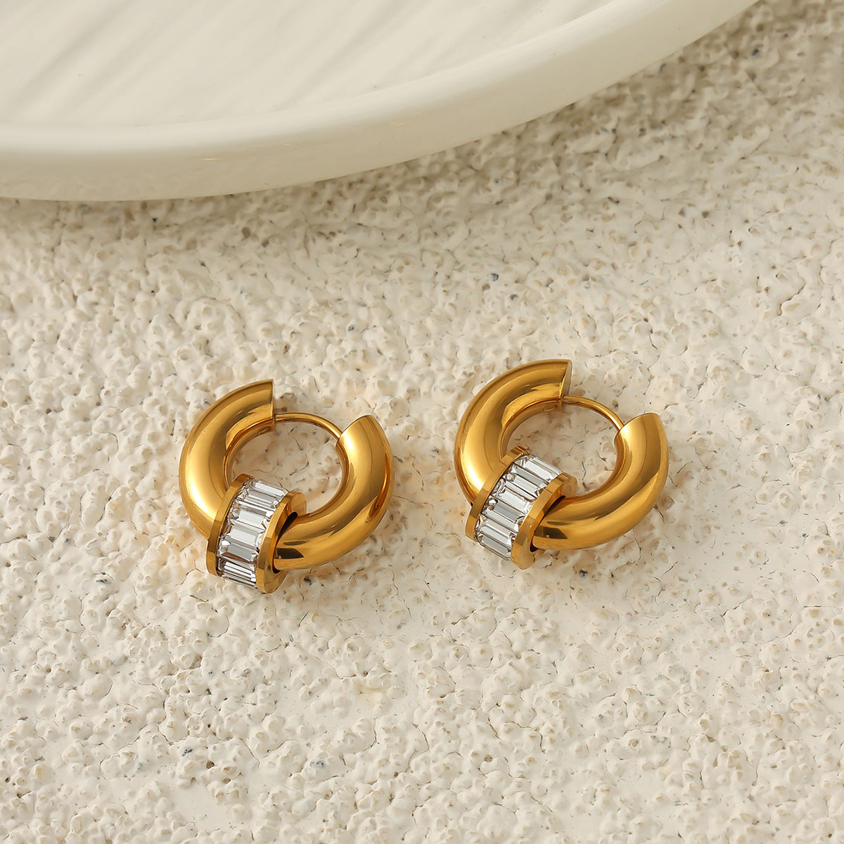 Minimalist Elegant Geometric Round Square Stainless Steel PVD Plated Cubic Zirconia Inlay Earrings for Women