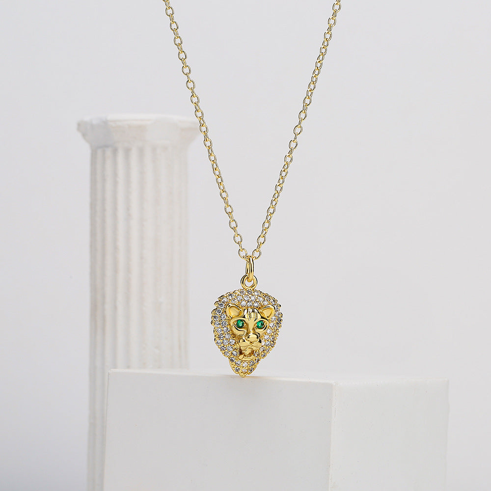 Geometric Lion Leopard Head Pendant Necklace in Copper with Real Gold Plating and Zircon Inlay for Unisex Hip Hop Style