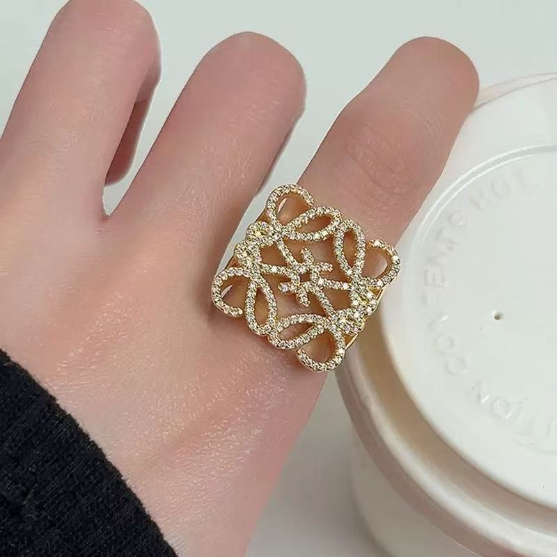 Luxury Minimalist Adjustable Open Ring for Women with Gold-Plated Copper Band and Zircon Stone Accent in Heart and Floral Shape