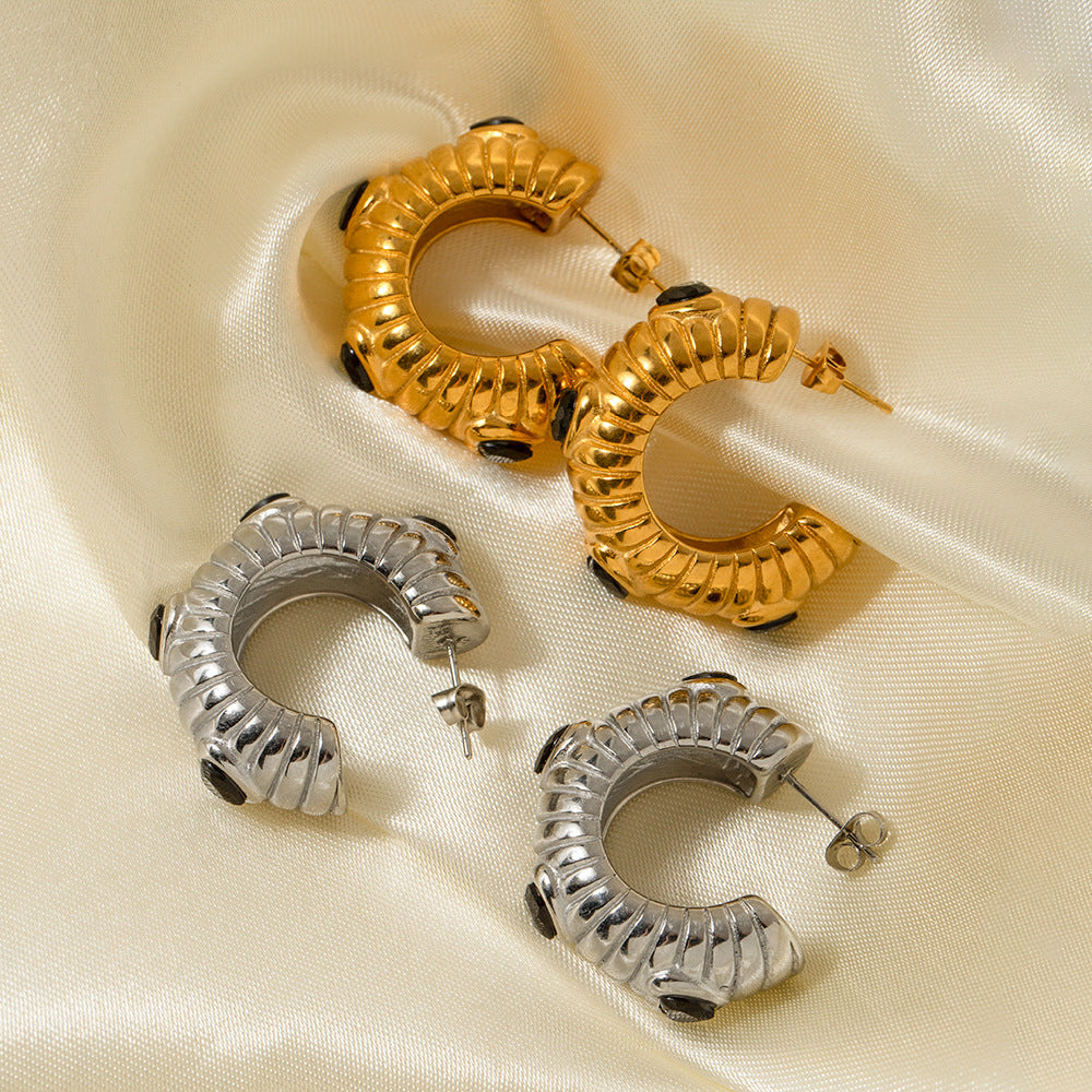 Geometric Black Zircon Snake Chain Earrings in Stainless Steel with Rhinestone Inlay and Matte Bread Texture Finish for Women