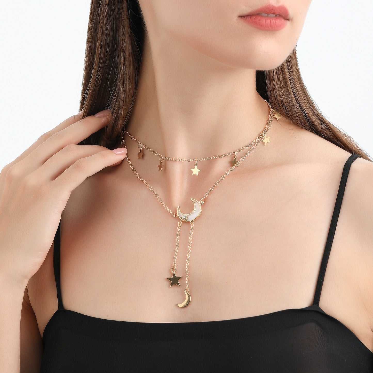 Fashionable Y-Shaped Double-Layer Long Tassel Necklace for Women with Star and Crescent Pendant in Alloy with Plated Finish