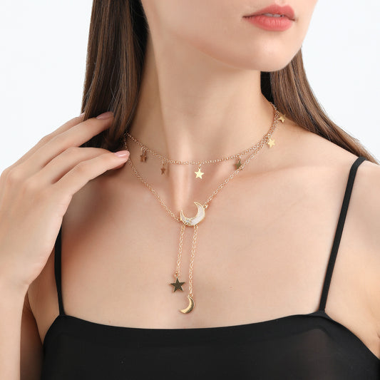 Collana da donna alla moda a Y, a doppio strato, con nappe lunghe e ciondolo a stella e mezzaluna in lega placcata