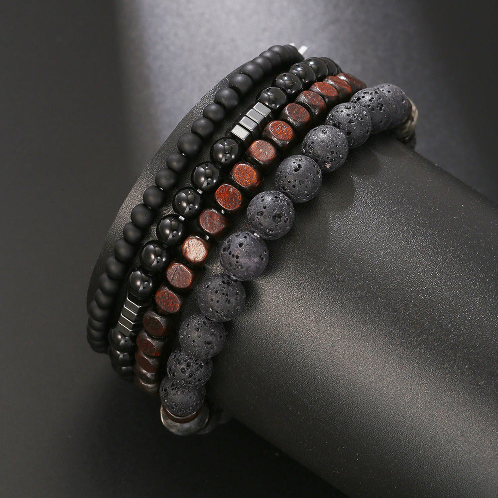 Hip-hop Matte Volcanic Stone Hematite Wood Round Beaded Bracelet Set