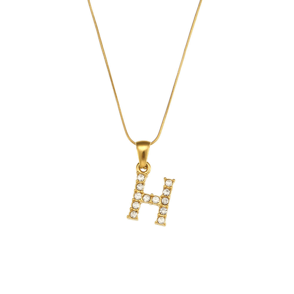 Fashion Minimalist Letter Pendant Necklace in Stainless Steel with 18K Gold Plating and Cubic Zirconia on Thin Snake Chain for Women