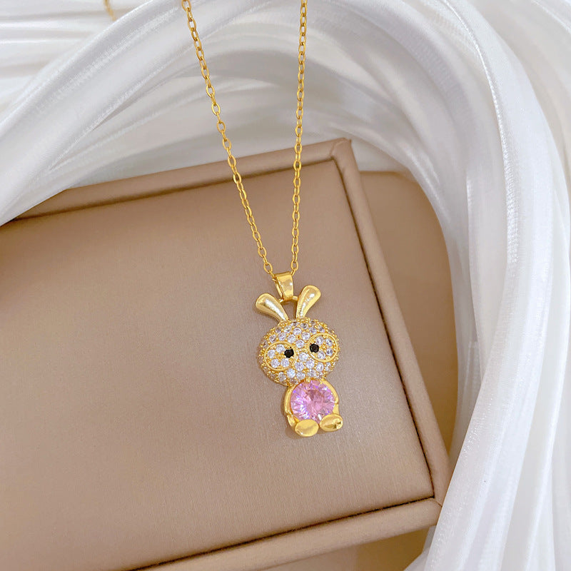 Sweet Luxury Cartoon Rabbit Geometric Rhinestone Pendant Titanium Steel Necklace for Unisex