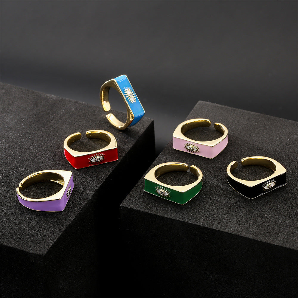 Gold Drip Oil Geometric Brass Ring with Micro-inlaid Cubic Zirconia for Women