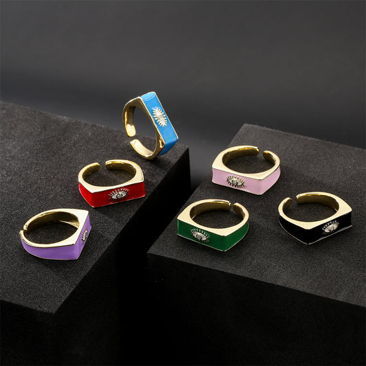 Gold Drip Oil Geometric Brass Ring with Micro-inlaid Cubic Zirconia for Women