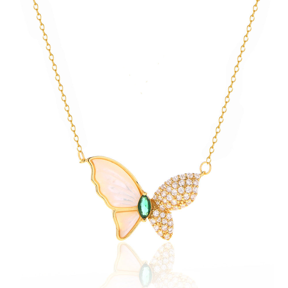 Elegant 925 Sterling Silver Plated Butterfly Mother of Pearl Pendant Necklace Curb Chain for Women