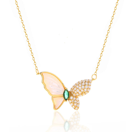 Elegante Collar de Mariposa de Plata Esterlina 925 Bañada con Nácar y Cadena Cubana para Mujer