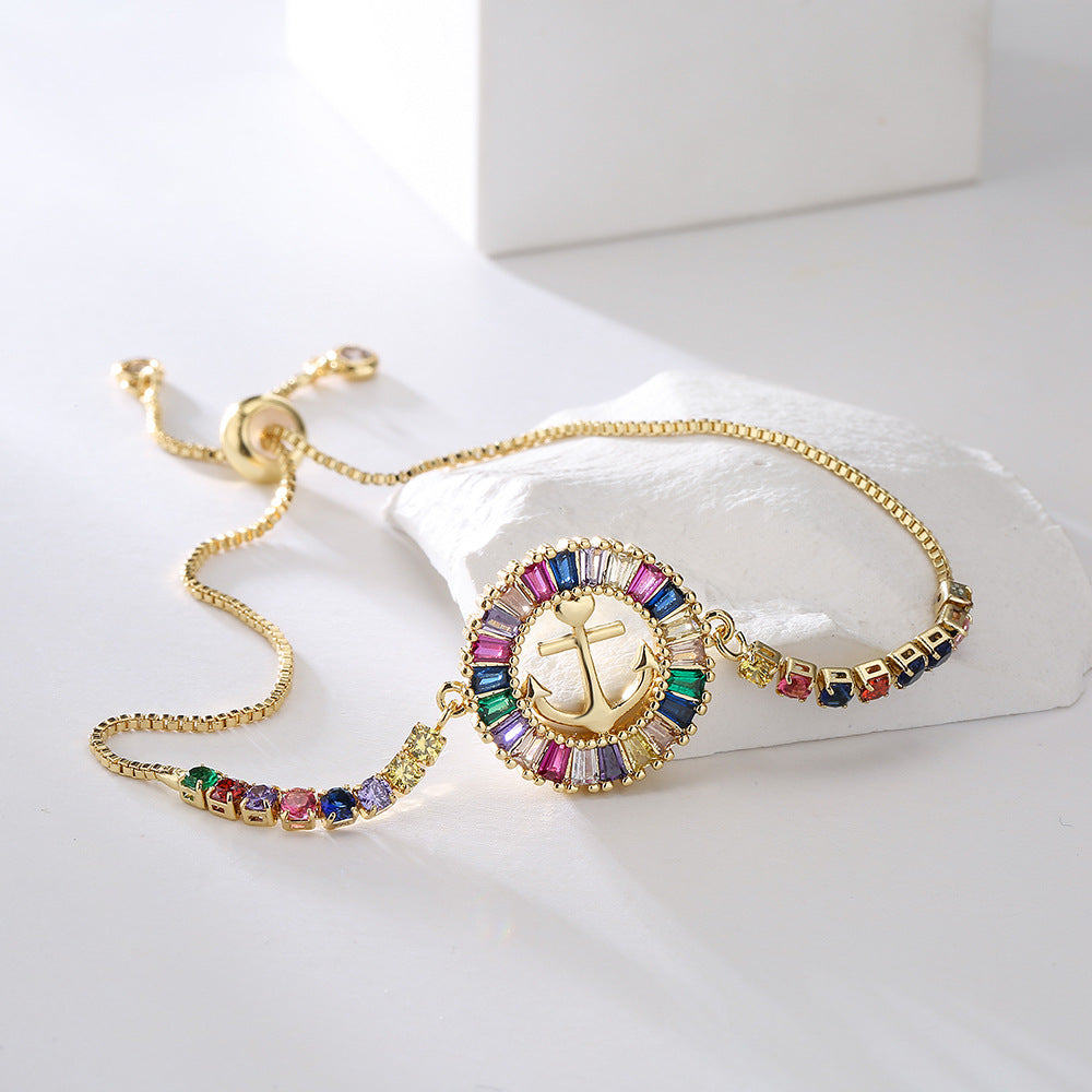 INS Style Geometric T-Shaped Cubic Zirconia Bracelet for Women Adjustable Drawstring Brass with 18K Gold Plating