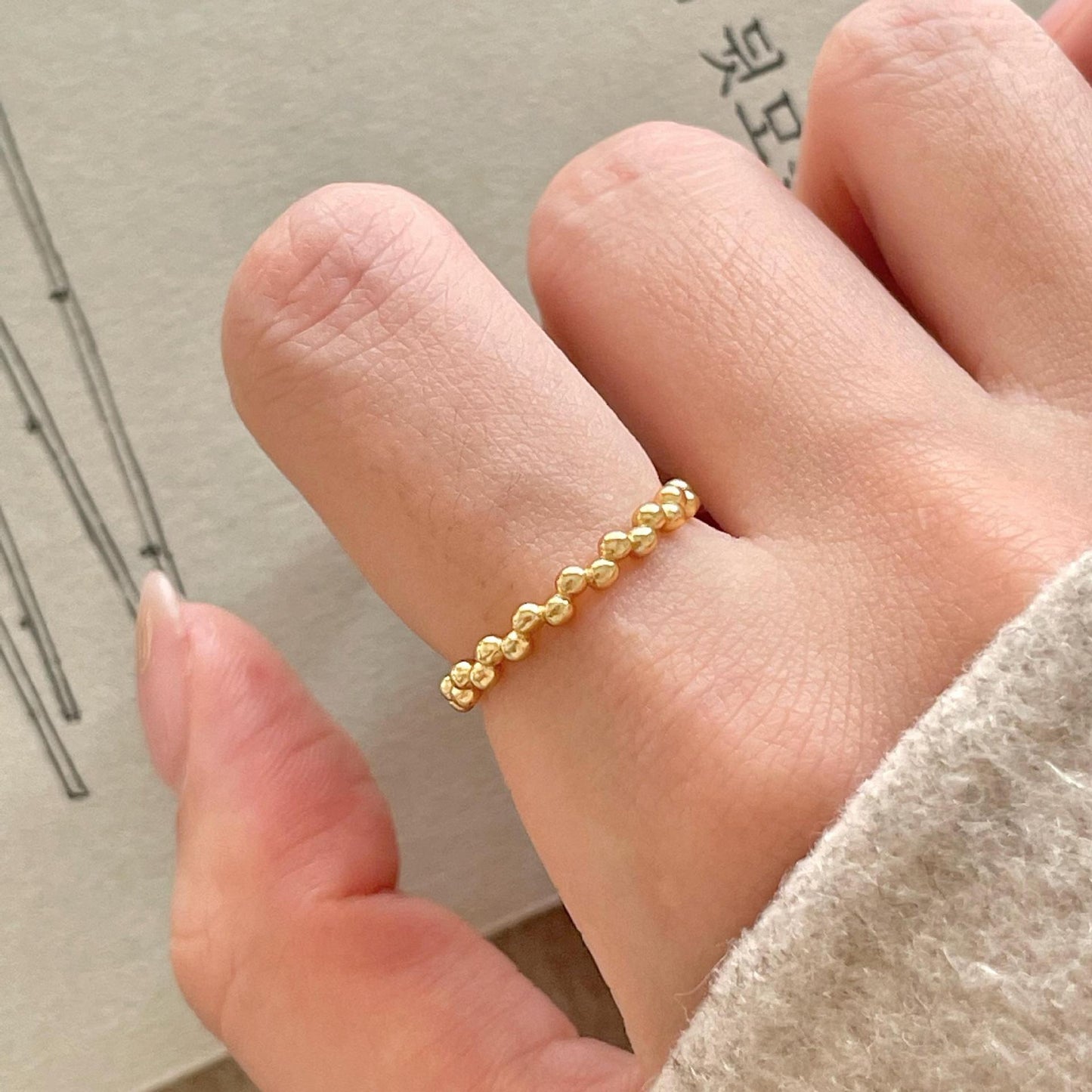 Anillo abierto geométrico minimalista de plata de ley 925 con cuentas para mujer