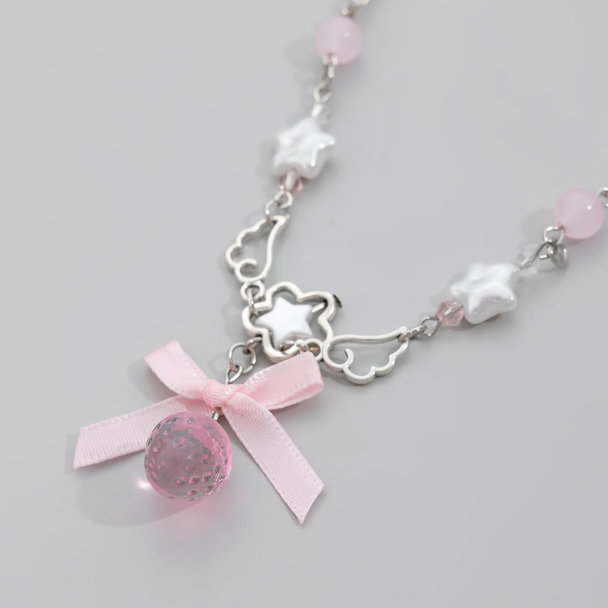 Pastel Floral Strawberry Pendant Necklace with Star and Wing Motifs in Alloy with Pearlized Finish for Women