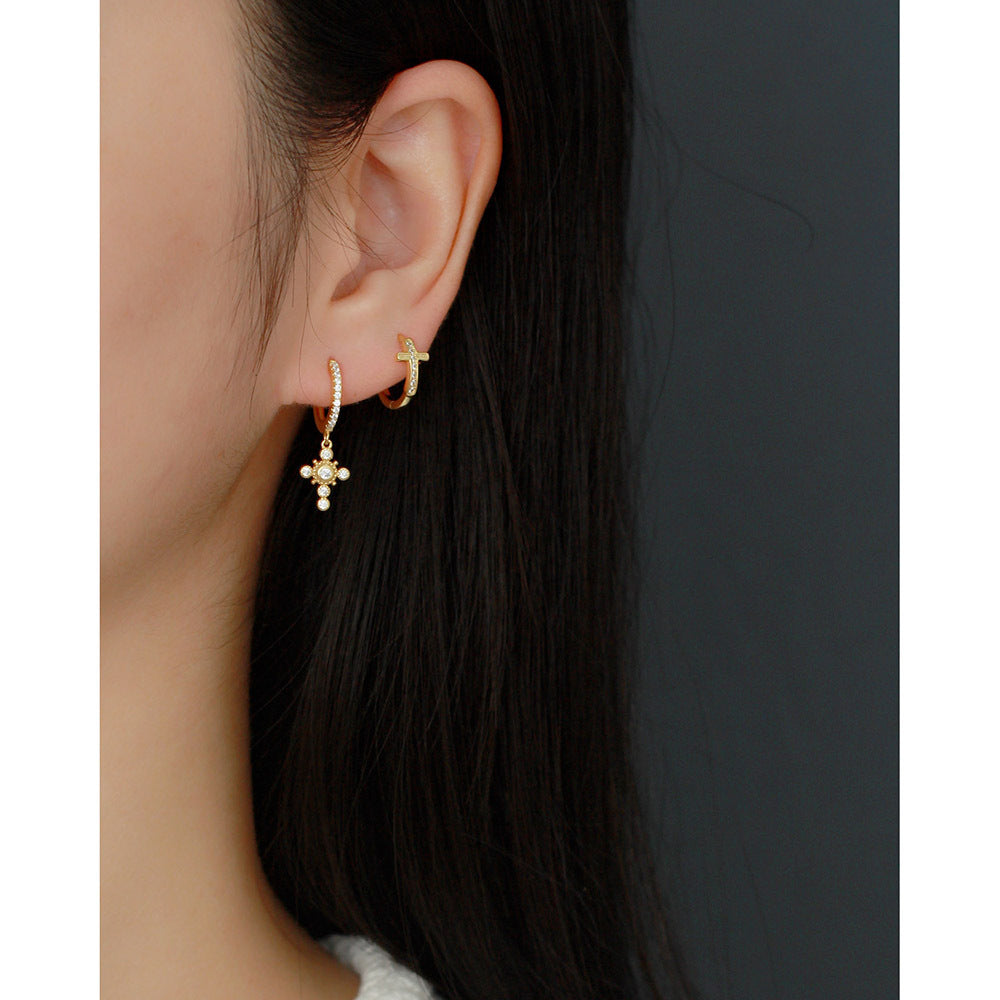 Orecchini pendenti con strass a croce in argento sterling S925, stile Sweet Cool