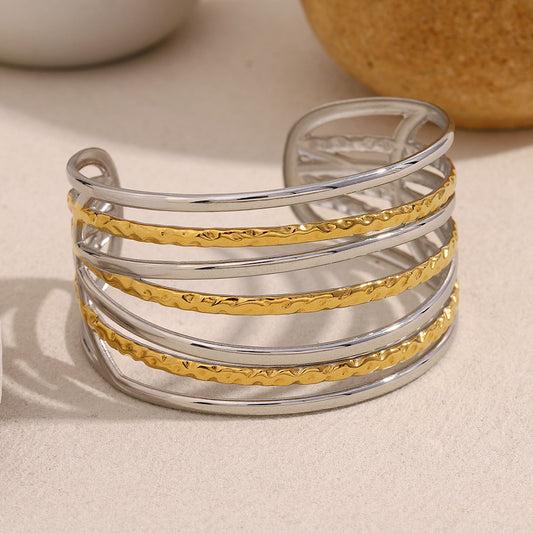 Minimalist Geometric Stainless Steel Plated 18K Gold Multi-Layer Line Bracelet for Women