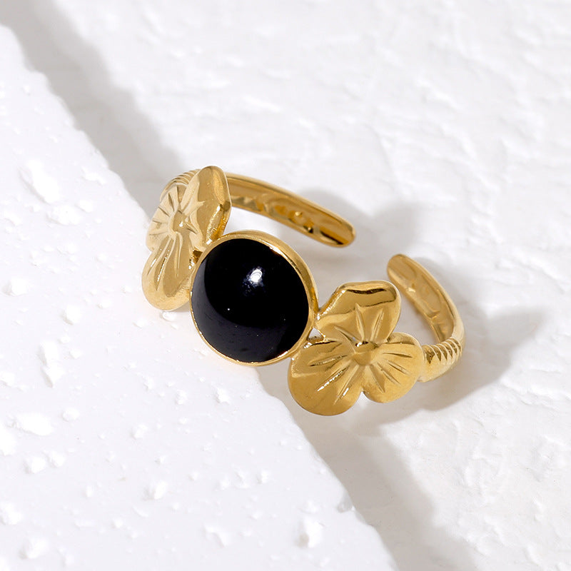 Minimalist Floral Drip Oil Plated Stainless Steel Open Ring for Women