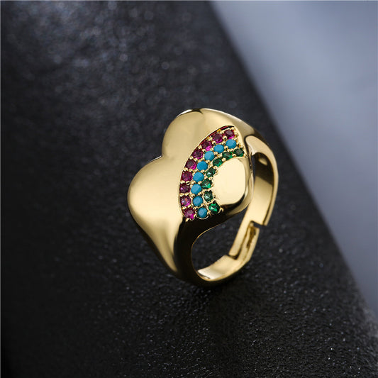 18K Gold Plated Brass Heart Ring with Micro-Inlay Rainbow Cubic Zirconia for Women