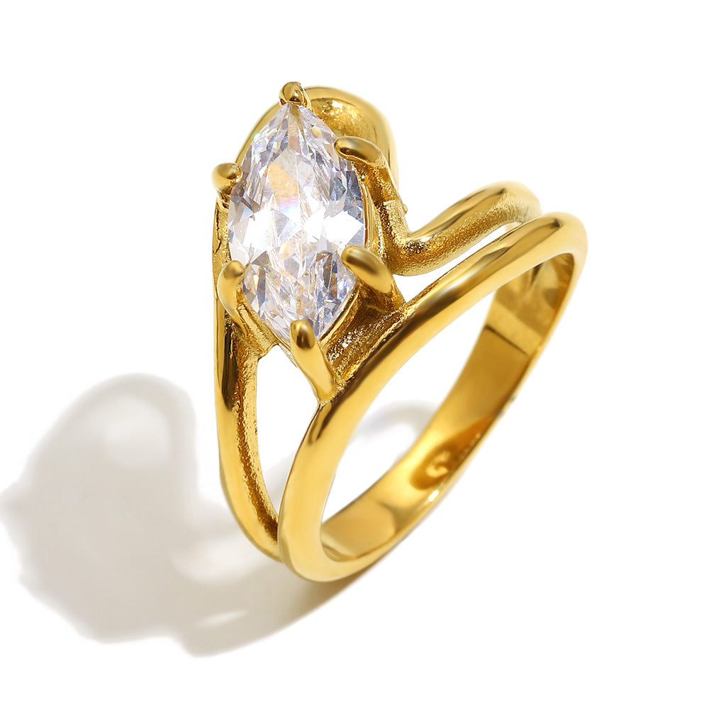 Anello da donna a doppio strato a forma di marquise, geometrico e minimalista, in acciaio inossidabile placcato oro 18 carati