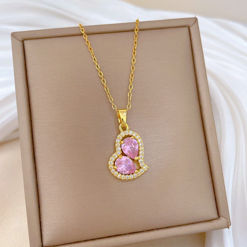 Sweet Minimalist Irregular Pink Heart Rhinestone Titanium Steel Necklace for Unisex