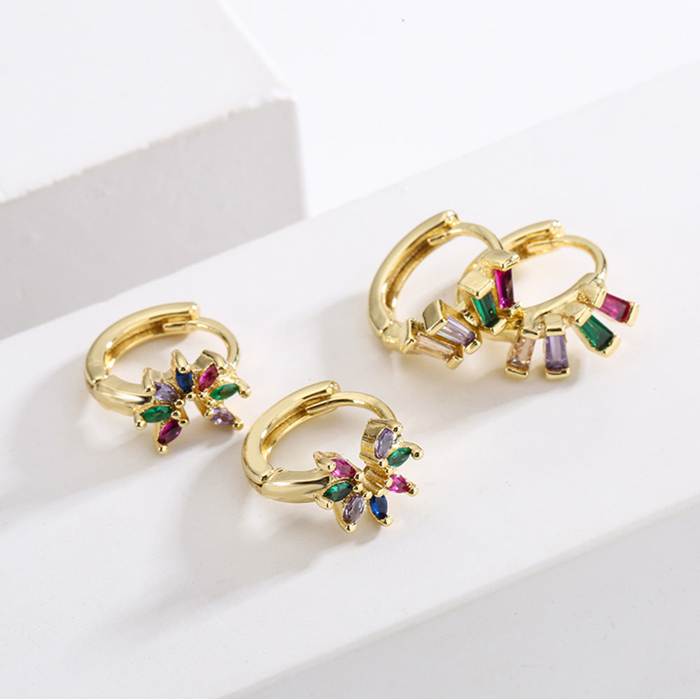 Minimalist Irregular Geometric Earrings for Women in Copper with Real Gold Plating and Colorful Zircon Inlays
