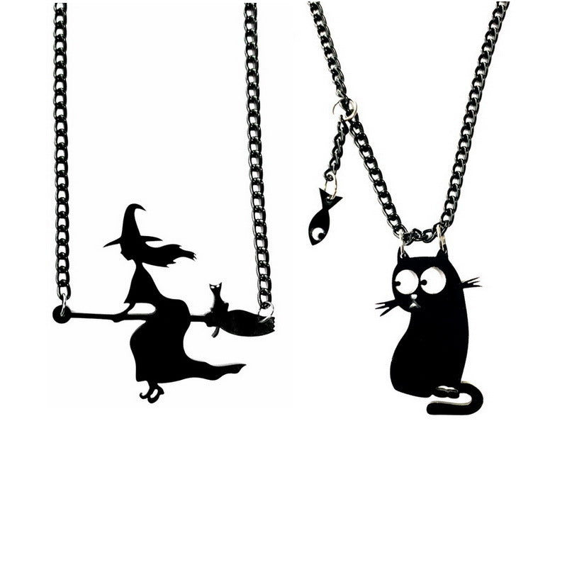 Collar gótico de Halloween con colgante de escoba de bruja, pez y gato negro para mujer y hombre, con cadena de serpiente en resina