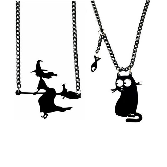 Collar gótico de Halloween con colgante de escoba de bruja, pez y gato negro para mujer y hombre, con cadena de serpiente en resina