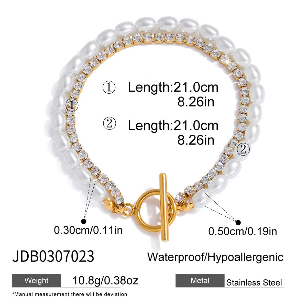 Bracciale a doppio strato da donna in acciaio inossidabile placcato con perle e strass, motivo geometrico
