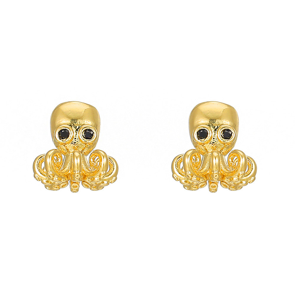 Fashion OL Octopus Shell Conch Starfish Turtle Ear Studs for Women with Copper Base and Gold Plating Featuring Rhinestone Accents