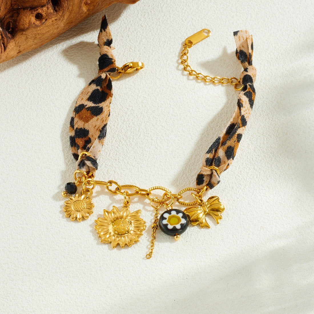 Vintage Gold Plated Stainless Steel Sunflower Bow Leopard Print Chain Bracelet for Women