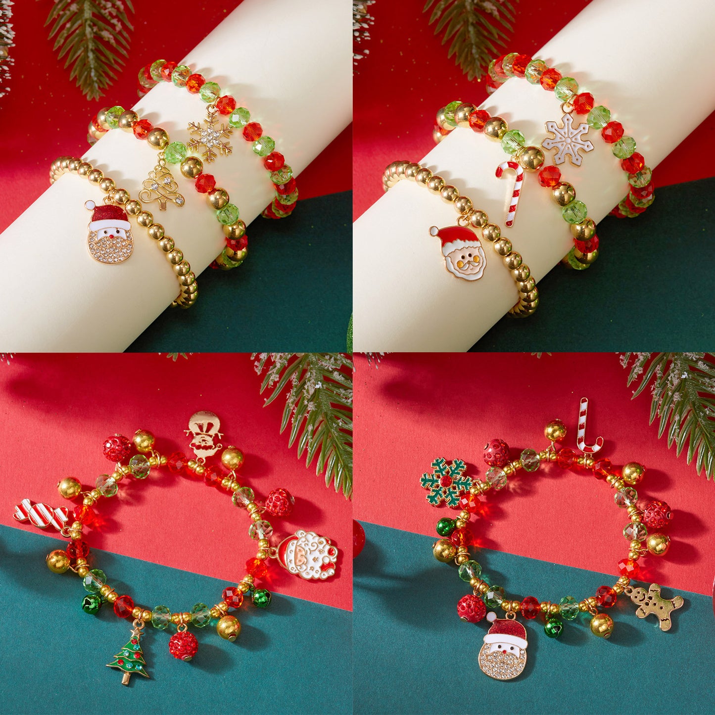 Juego de pulseras temáticas navideñas con dijes de Papá Noel, copo de nieve y árbol de Navidad, pulsera artesanal de aleación de zinc unisex para regalos navideños